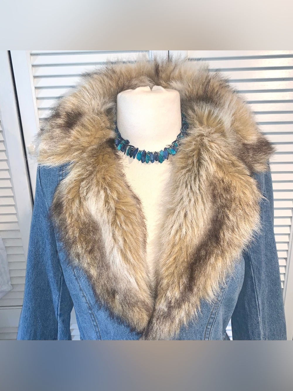 OTB Vintage Y2K Denim Penny Lane Trench Coat Faux Fur Trim Boho Afghan Jacket L - Picture 2 of 13